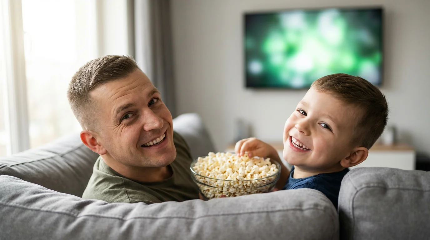 Father with military haircut and his son happily watch TV with popcorn.
