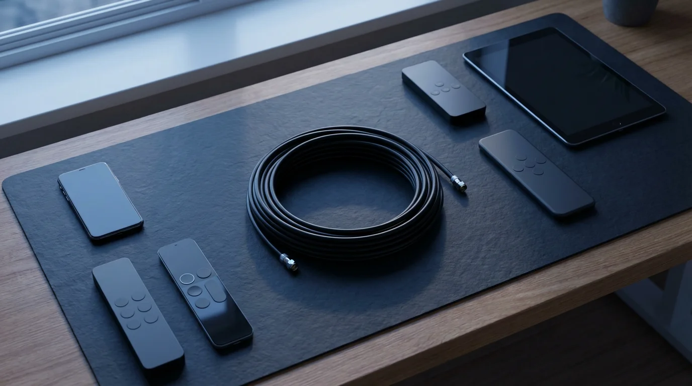 Flat lay of a cut cable, smartphone, tablet, and streaming remotes on a desk.