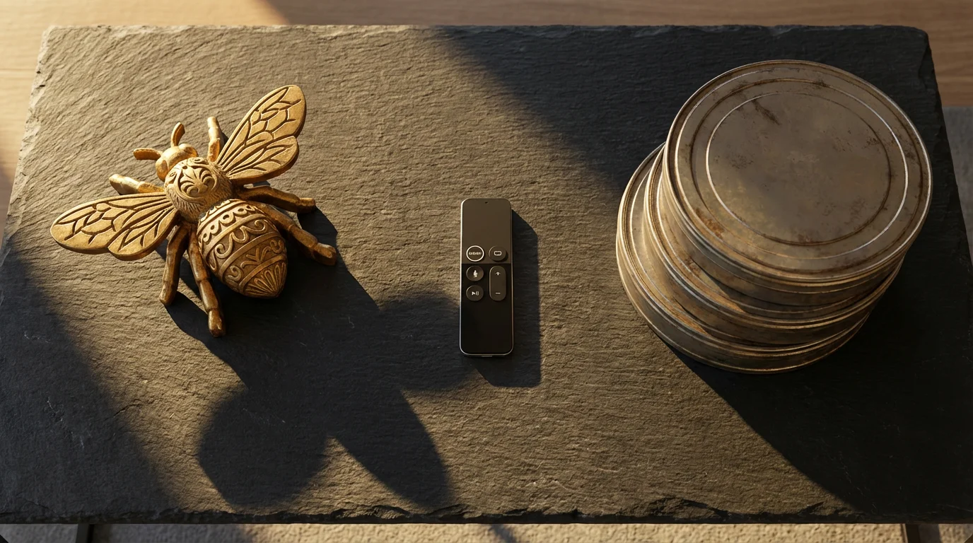 Flat lay of a golden bee and film canisters representing content choices.