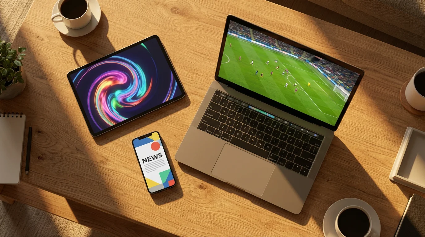 Flat lay of a laptop, tablet, and smartphone on a coffee table streaming different content.