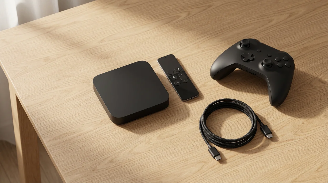 Flat lay of a modern streaming device, remote, and wireless gaming controller on wood.