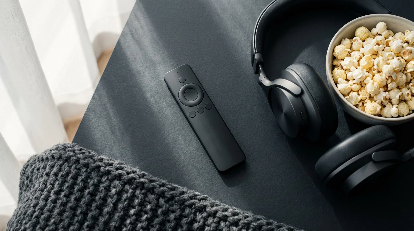 Flat lay of a modern TV remote, headphones, and popcorn on a slate surface.