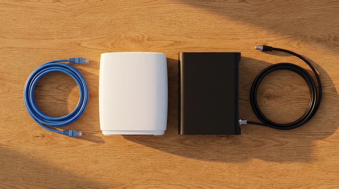 Flat lay of a modern white router and black modem on a wooden desk.