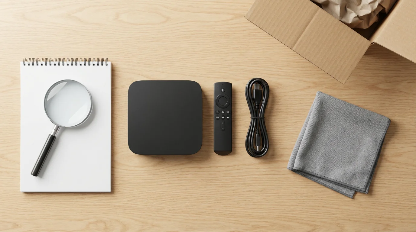 Flat lay of a refurbished streaming device, remote, and inspection tools on a desk.