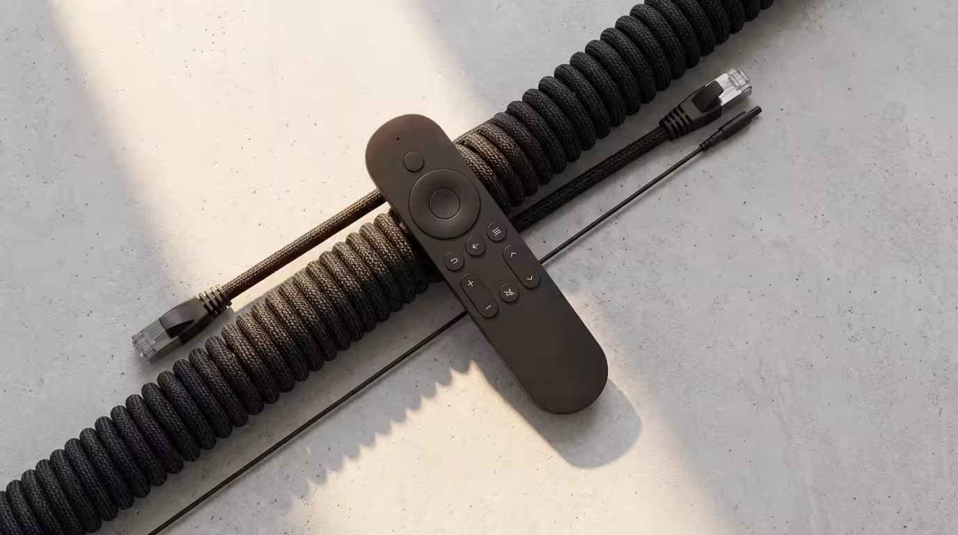 Flat lay of a streaming remote on thick and thin cables, symbolizing data management.