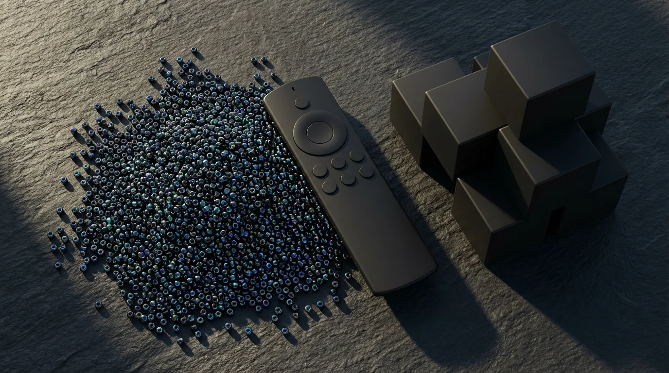 Flat lay of a TV remote between piles representing high and low data usage.