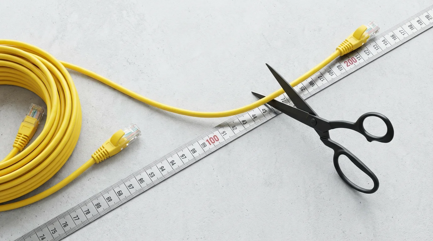 Flat lay of an ethernet cable and measuring tape with scissors poised to cut.