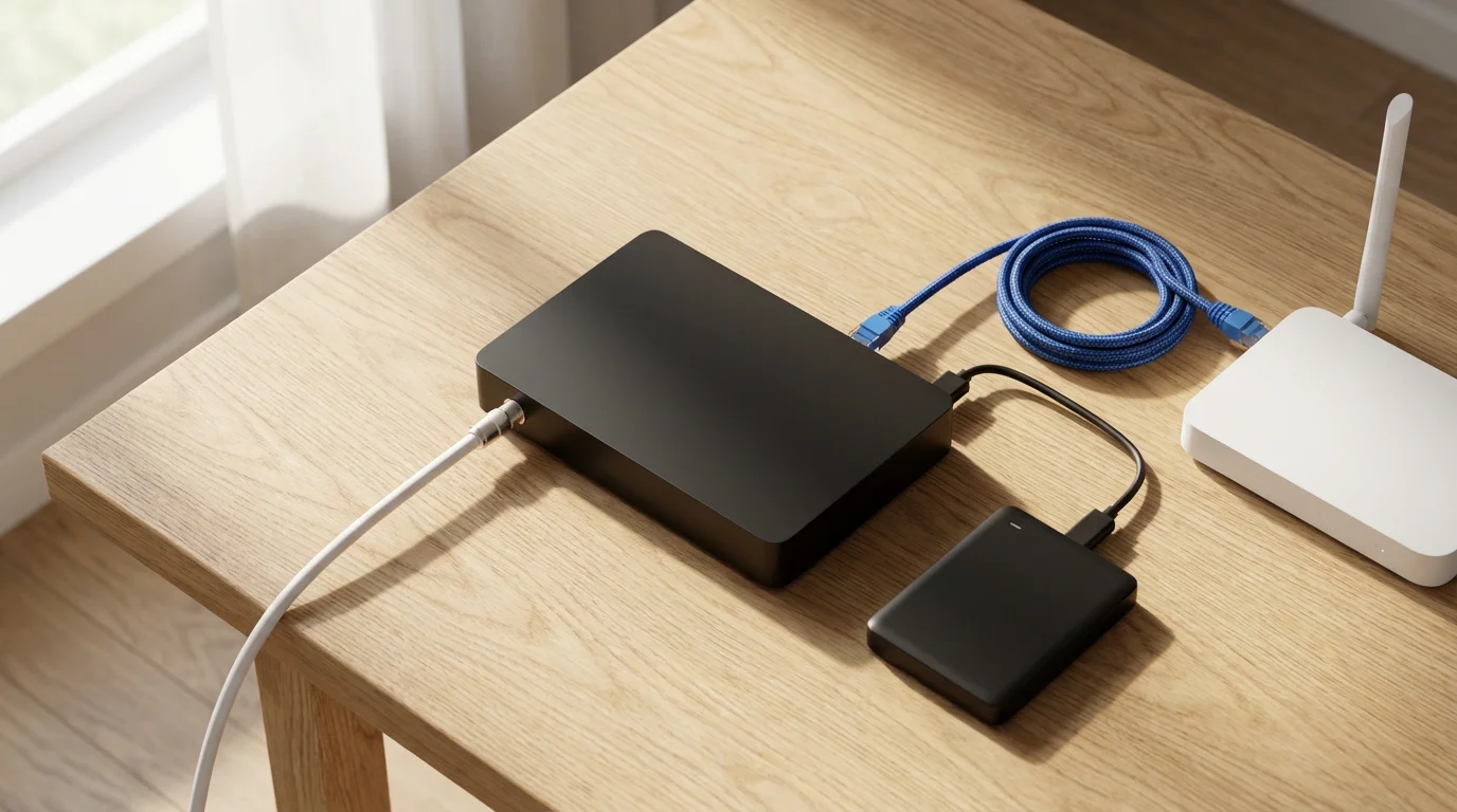 Flat lay of an OTA DVR network tuner connected to a router and hard drive.