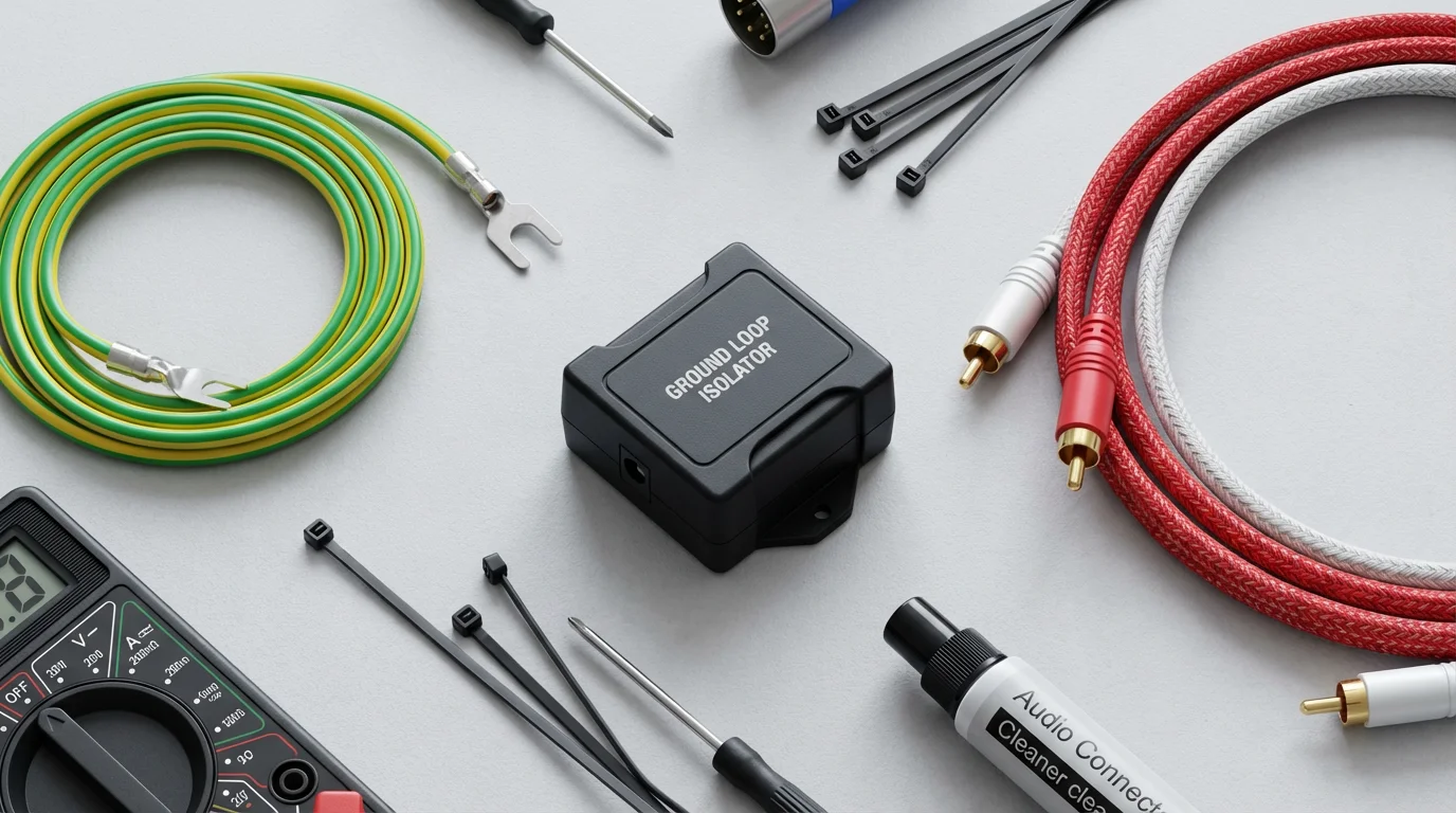 Flat lay of audio troubleshooting equipment including a ground loop isolator and cables.