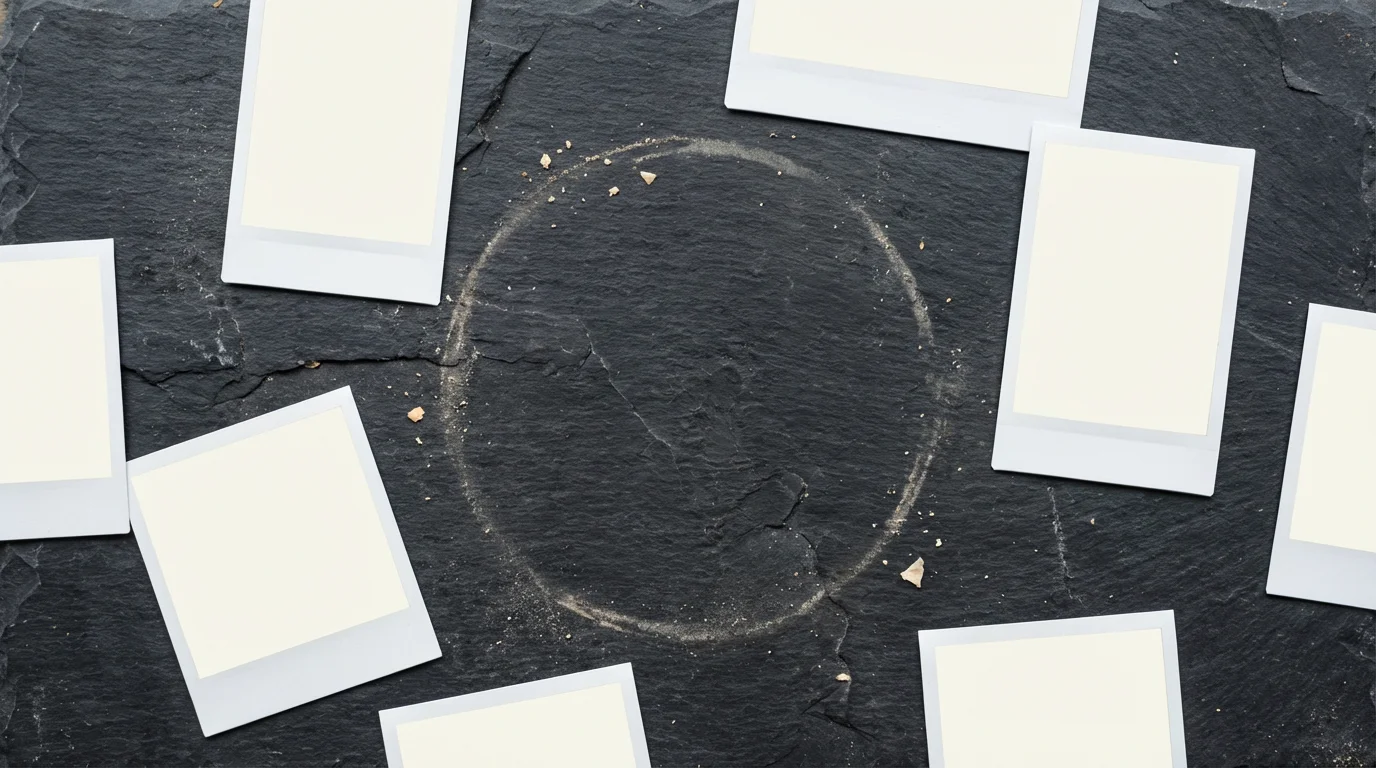 Flat lay of blank instant photos with a large empty space on a slate surface.