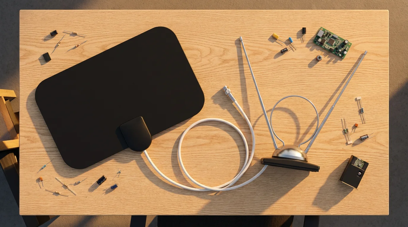 Flat lay of modern and vintage TV antennas with electronic components on a desk.