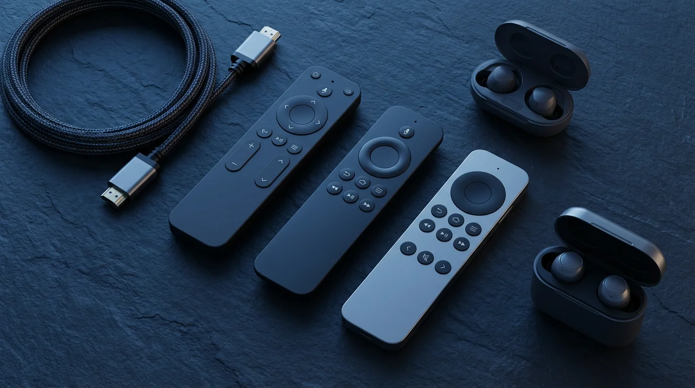 Flat lay of modern TV remote controls and streaming hardware on a slate surface.