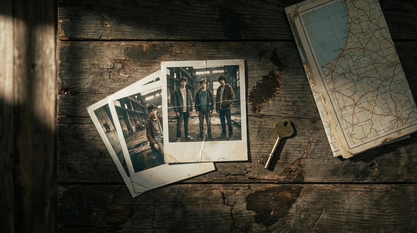 Flat lay of old photographs, a tarnished key, and a map on wood.