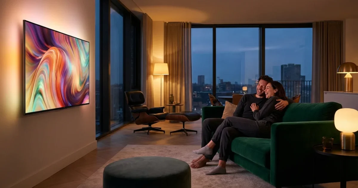 A couple enjoying a movie night in a cozy, modern living room with warm ambient lighting.