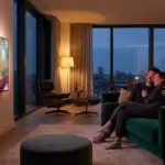 A couple enjoying a movie night in a cozy, modern living room with warm ambient lighting.