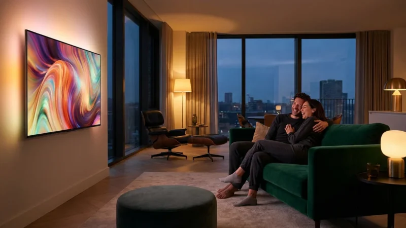 A couple enjoying a movie night in a cozy, modern living room with warm ambient lighting.