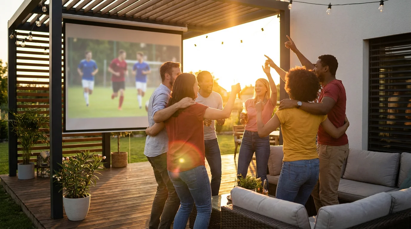 Friends happily watch a clear sports game on a projector in a backyard at sunset.
