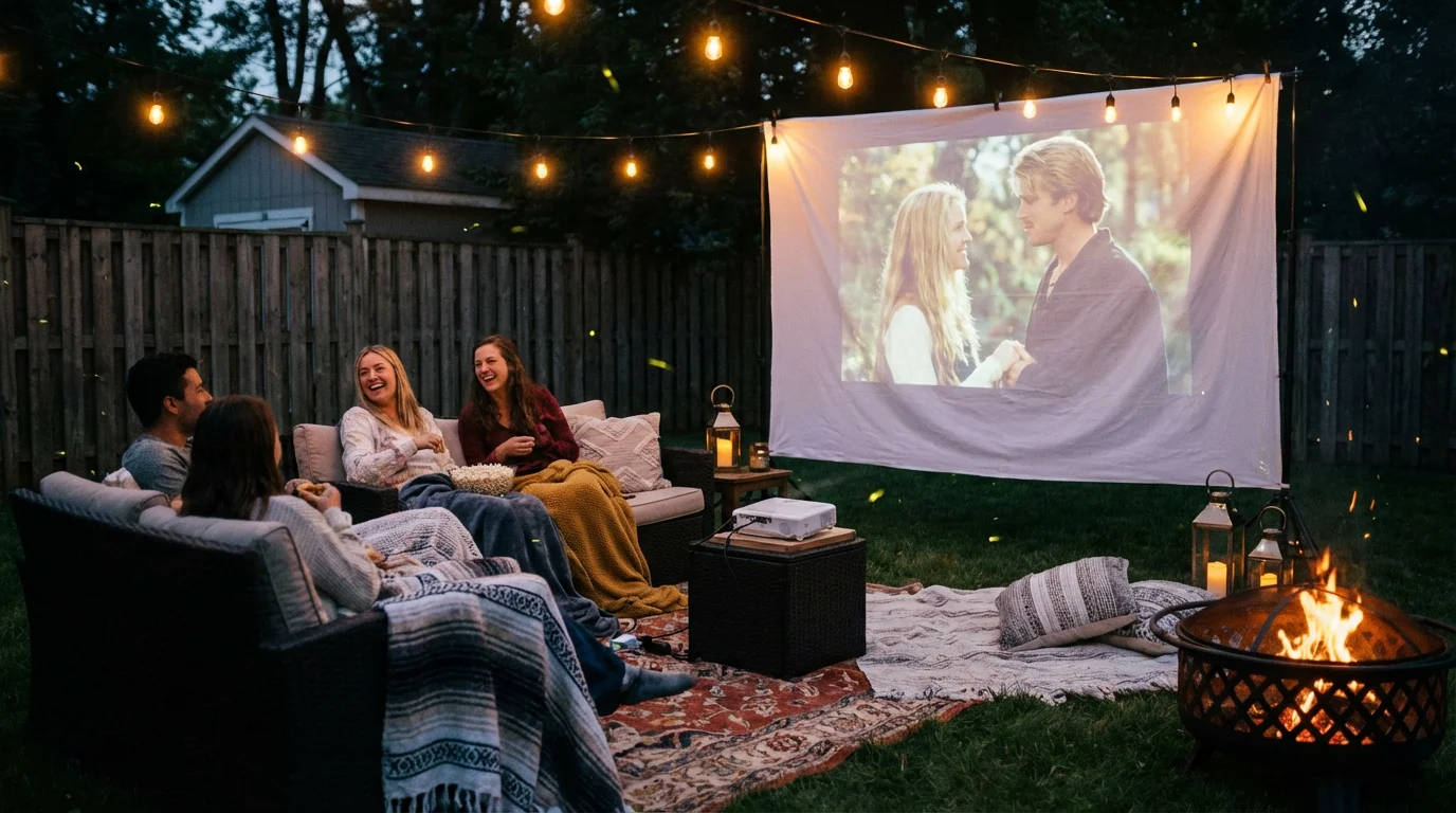 Friends watching a movie outdoors on a projector screen at night.