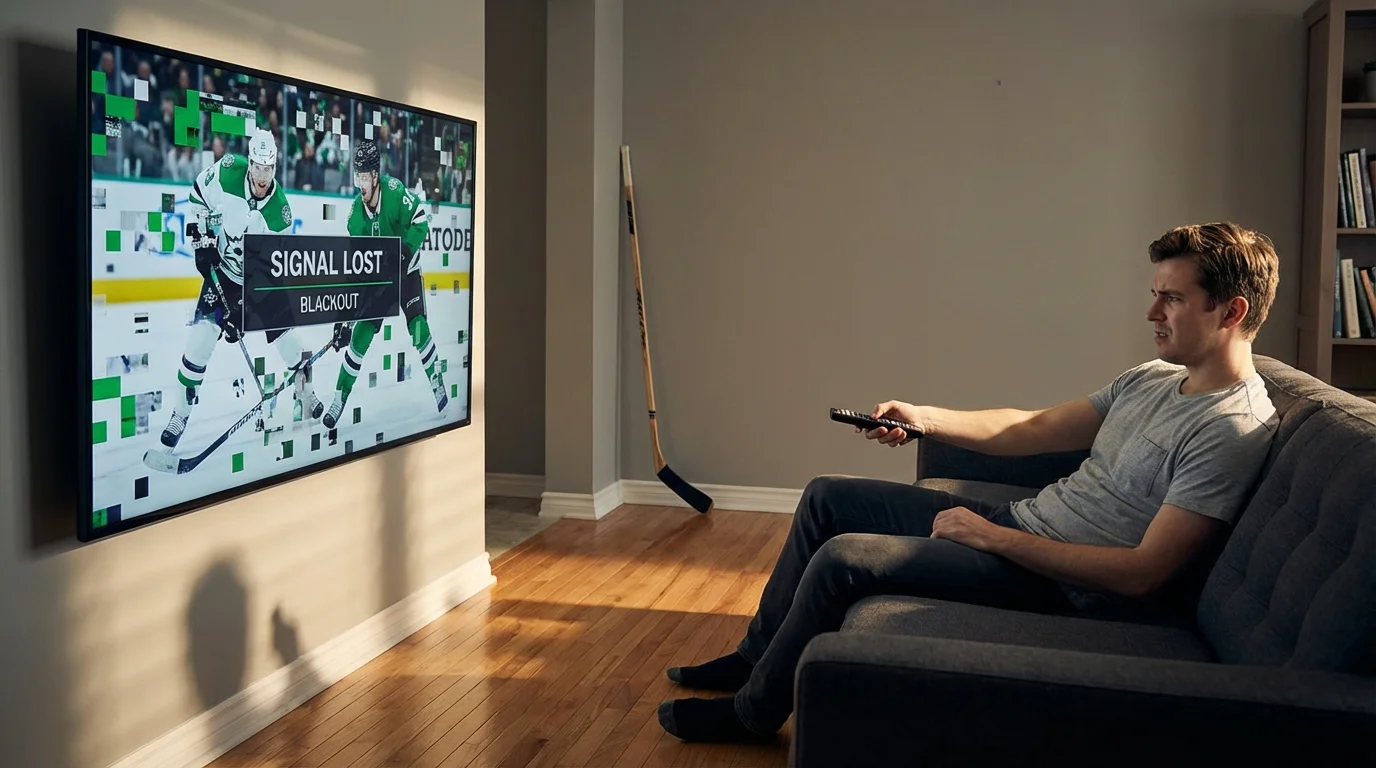 Frustrated fan on a couch watching a glitching, pixelated hockey game on a television.