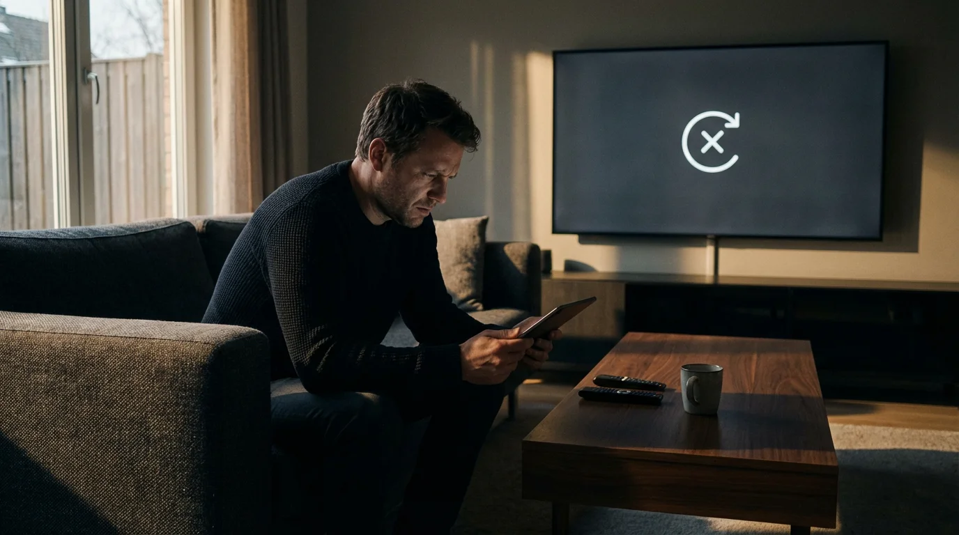 Frustrated man on couch with tablet; TV in background shows a streaming error icon.