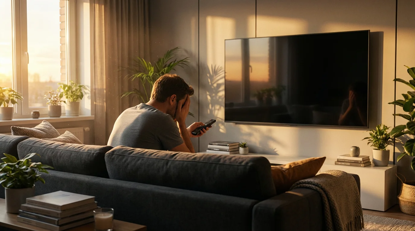Frustrated person in a sunlit living room looking at a blank television screen.