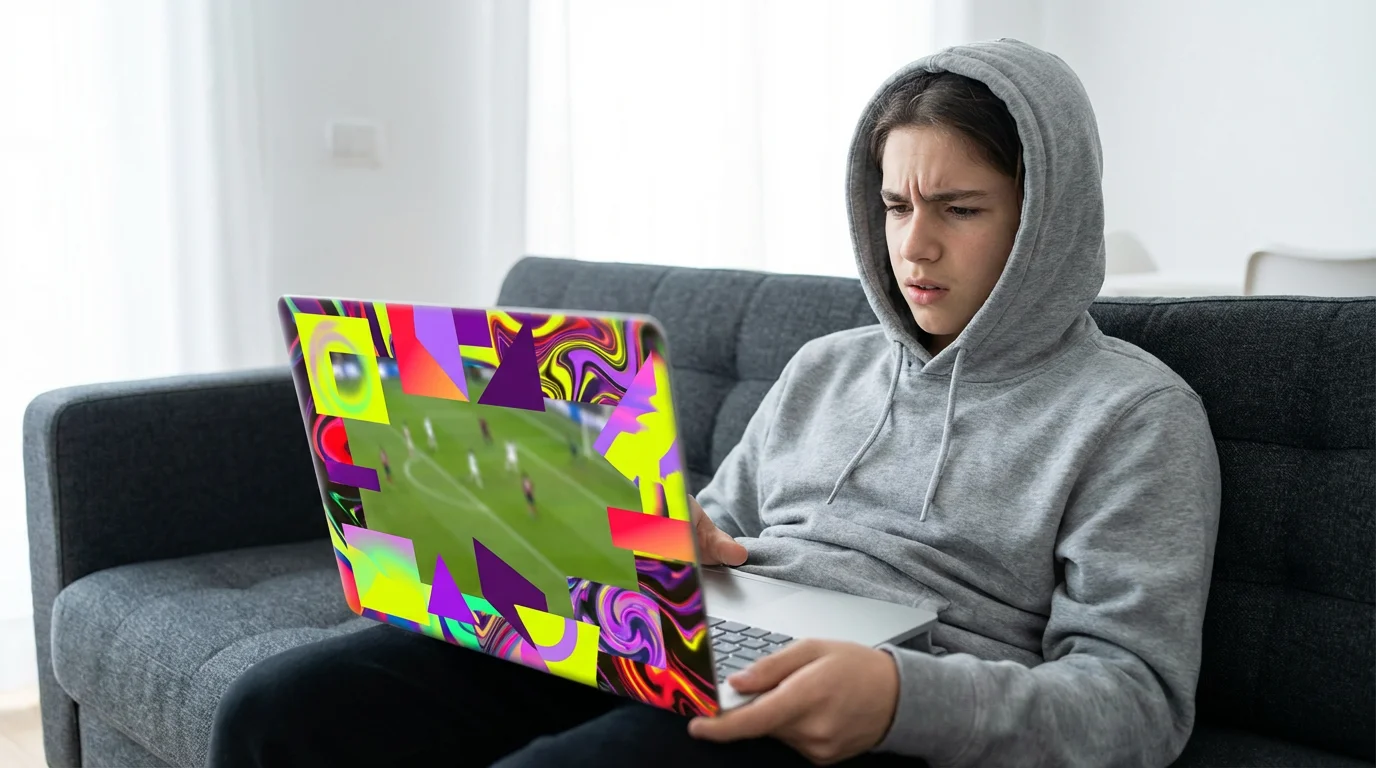 Frustrated person's laptop screen is covered in pop-up ads while trying to stream sports.