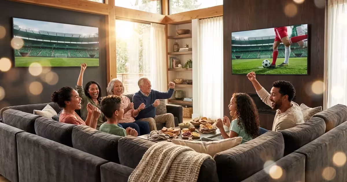 A family cheering together in a modern living room while watching a football game on a large television.