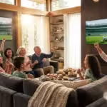 A family cheering together in a modern living room while watching a football game on a large television.