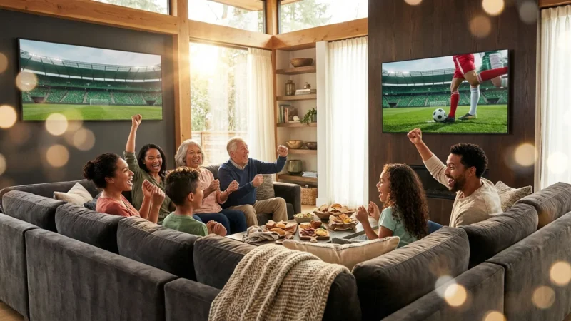 A family cheering together in a modern living room while watching a football game on a large television.
