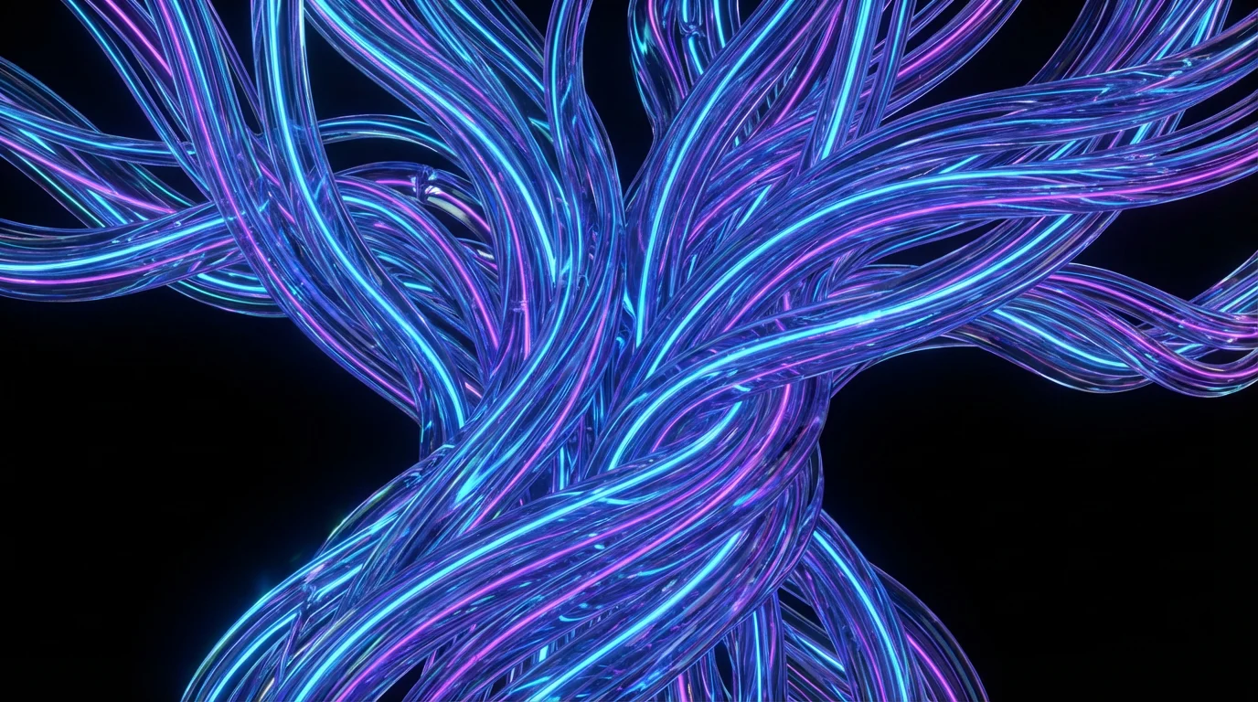 Glowing neon cables braiding together against a black background to represent the re-bundling of services.