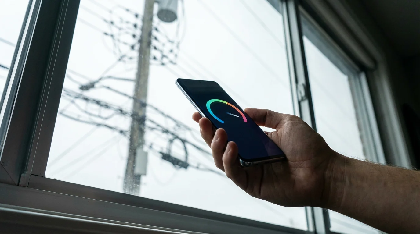 Hand holding a smartphone running a speed test in front of a window.