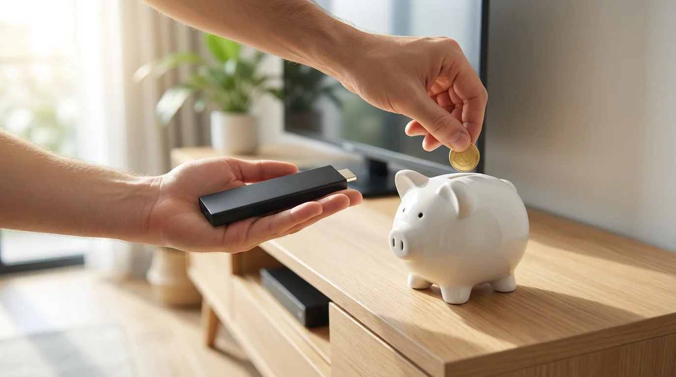 Hand holds a streaming stick while putting a coin into a white piggy bank.