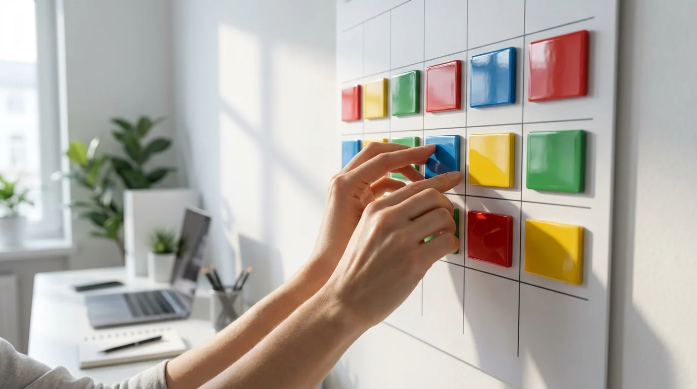 Hands arranging colorful blank tiles on a minimalist wall calendar to plan a schedule.