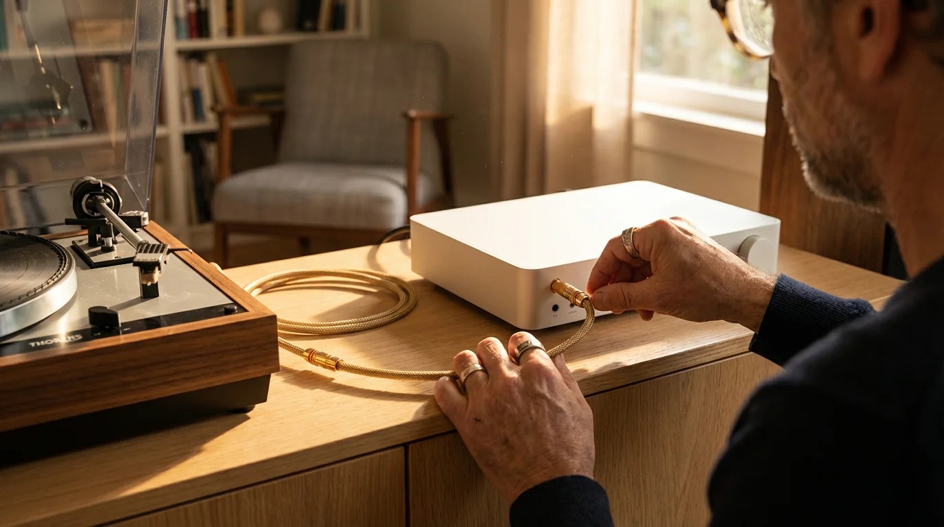 Hands connecting a vintage turntable to a modern network streamer with an RCA cable.