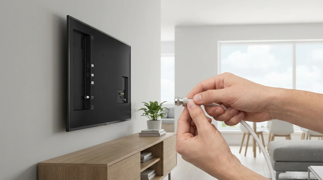 Hands connecting a white coaxial antenna cable to the back of a television.