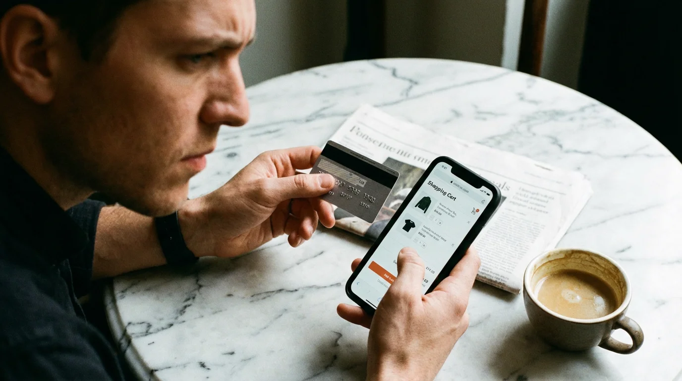 Hands holding a credit card and a phone, suggesting a moment of financial decision.
