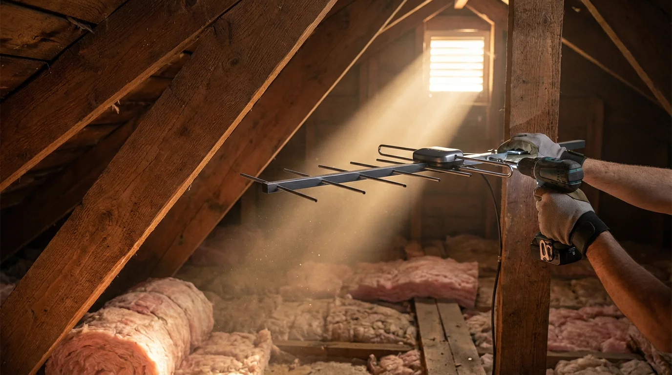 Hands installing a modern TV antenna onto a wooden beam inside a sunlit, dusty attic.