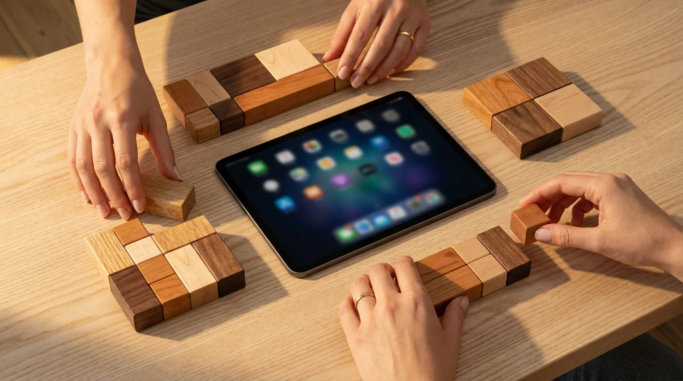 Hands organizing wooden blocks around a tablet on a desk during golden hour.