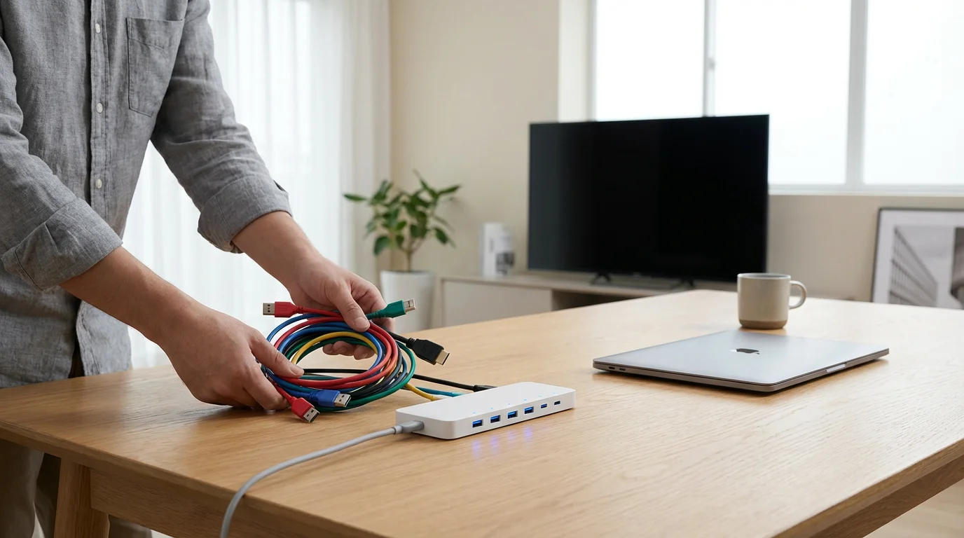 Hands plugging tangled colorful cables into a single white hub on a desk.
