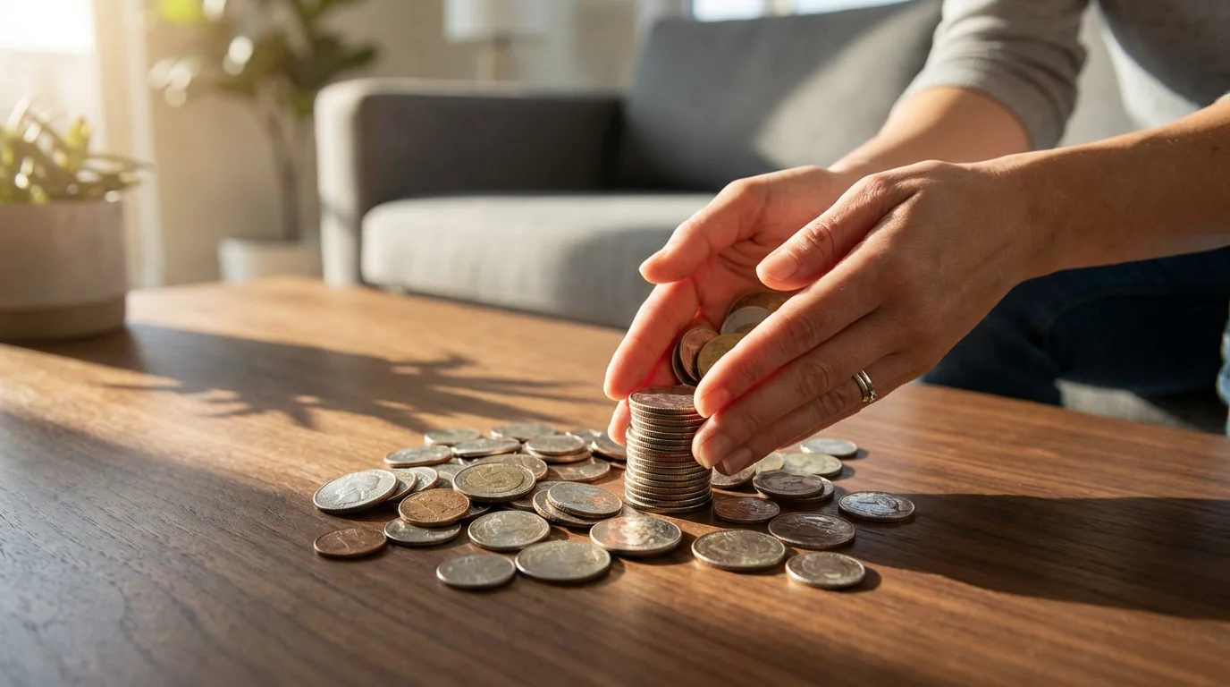 Hands stacking small piles of coins into one large pile on a coffee table.