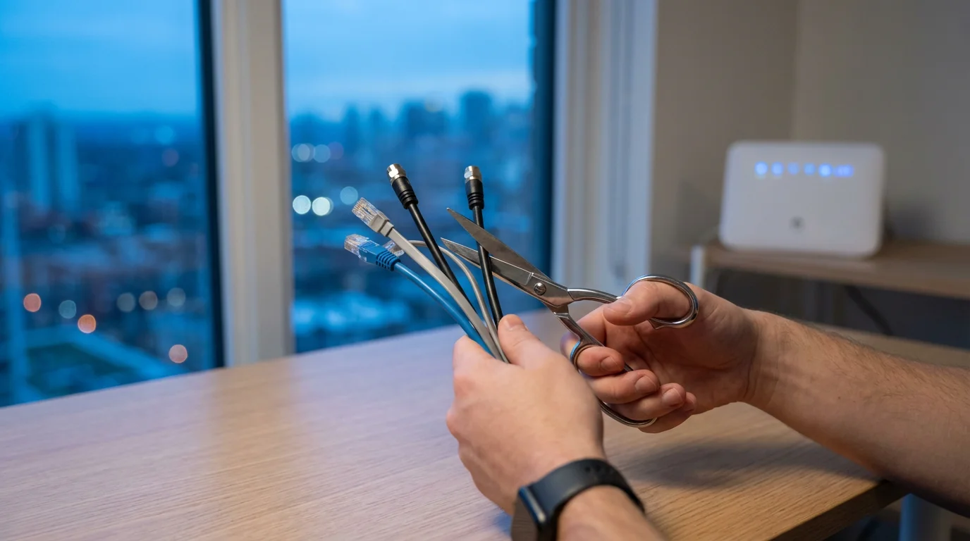 Hands with scissors cutting a bundle of TV, phone, and internet cables.