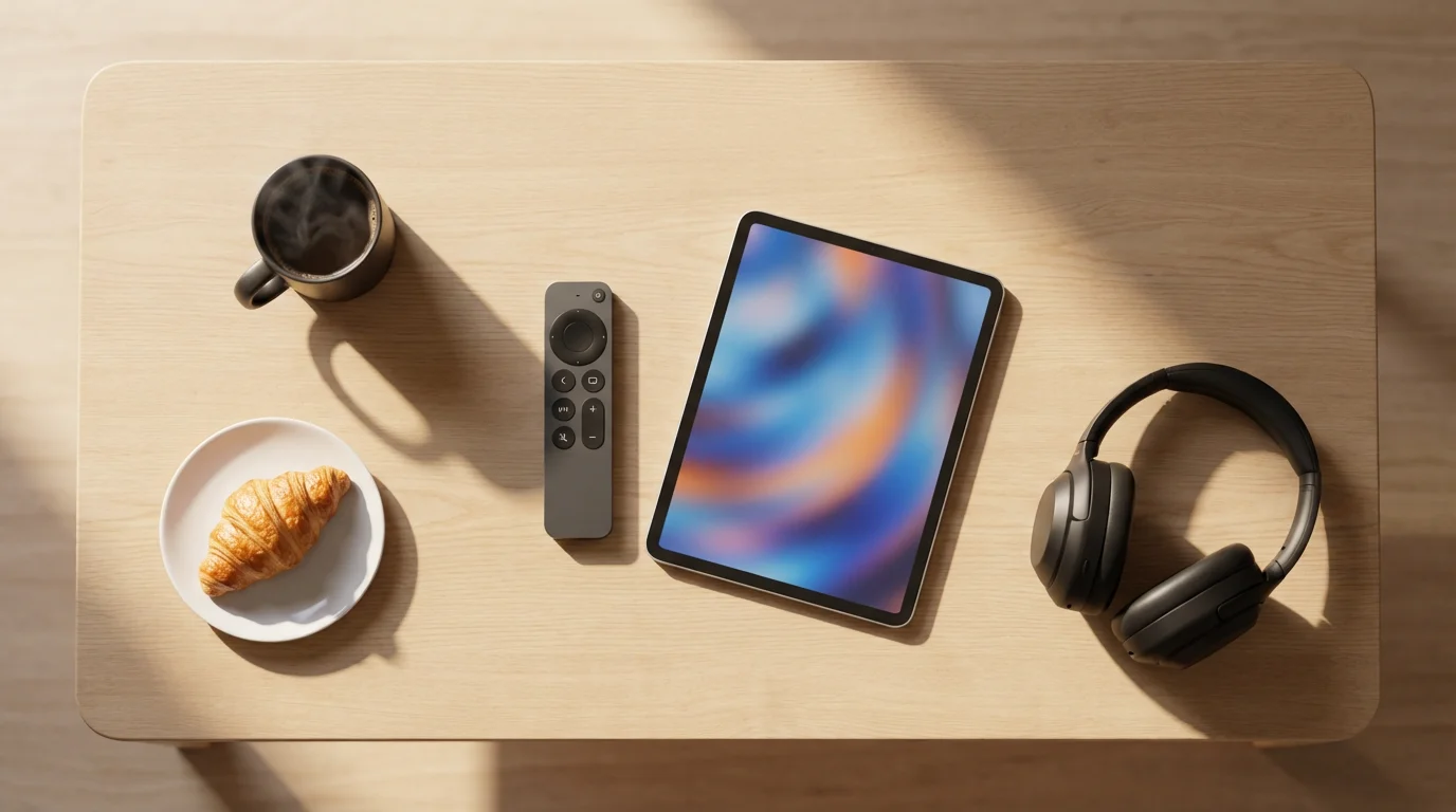 High angle flat lay of a TV remote, tablet, coffee, and headphones.
