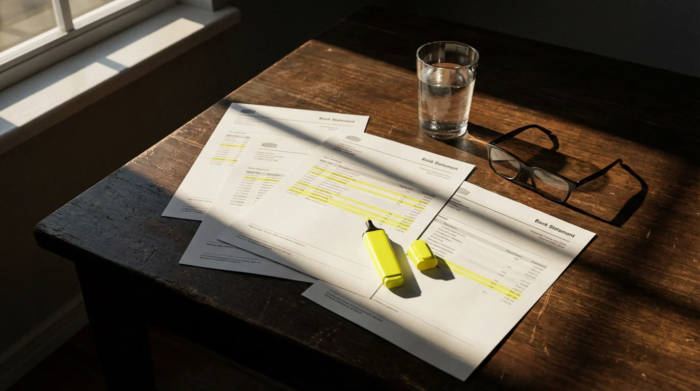 High angle flat lay of bank statements with highlighted lines, a highlighter, and glasses.