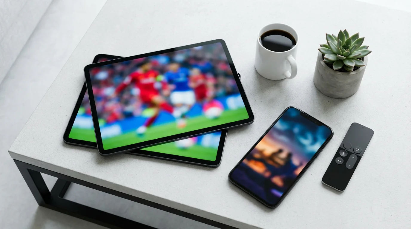 High-angle photo of a tablet, phone, and remote on a table, symbolizing streaming choices.