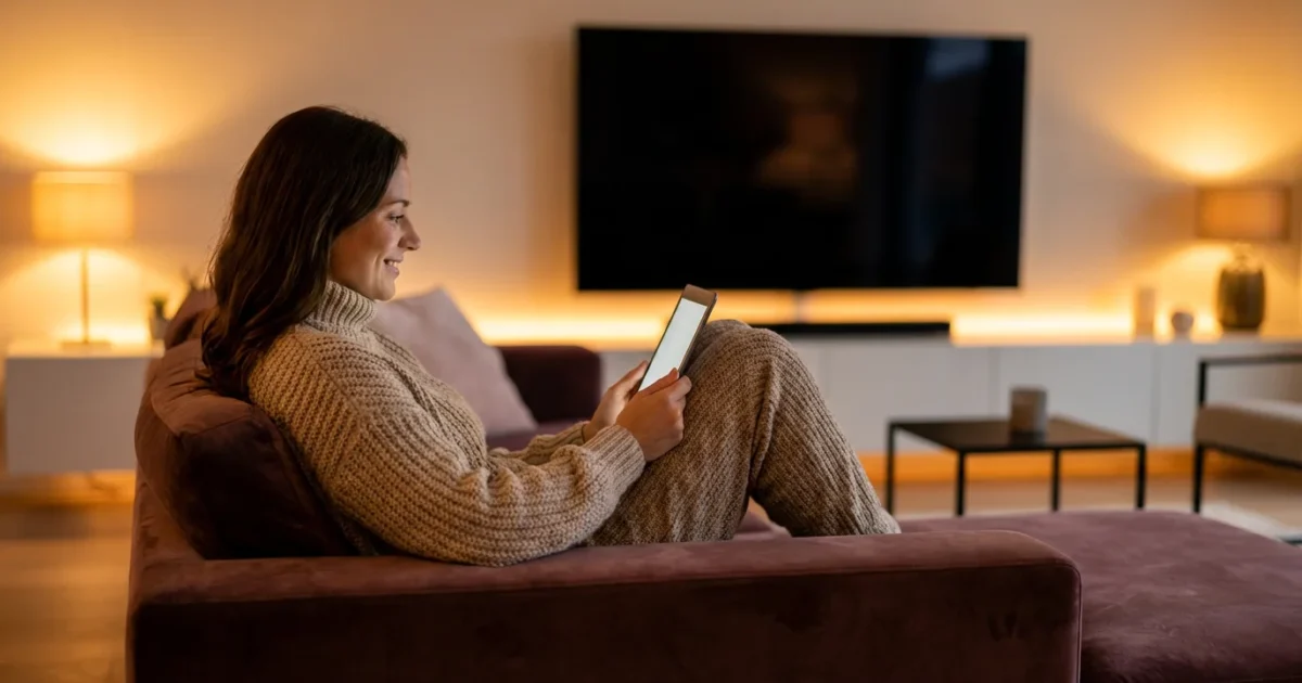 A woman relaxes on a sofa using a tablet in a cozy, modern living room with warm lighting.