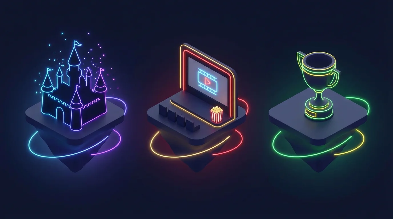 Isometric 3D icons representing Disney, Hulu, and ESPN floating as separate but connected entities.