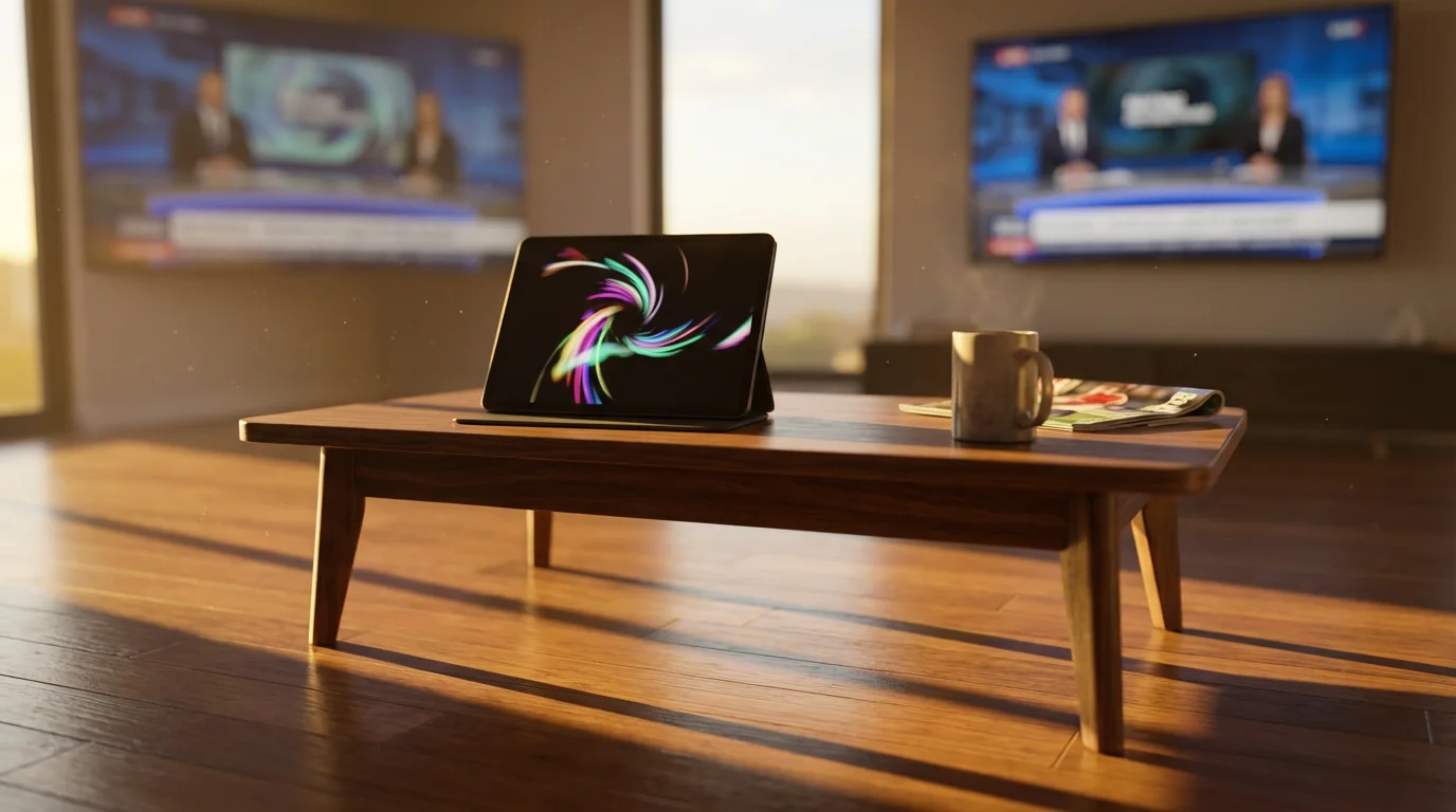 Low angle of a coffee table with a tablet, with a TV showing news blurred in the background.