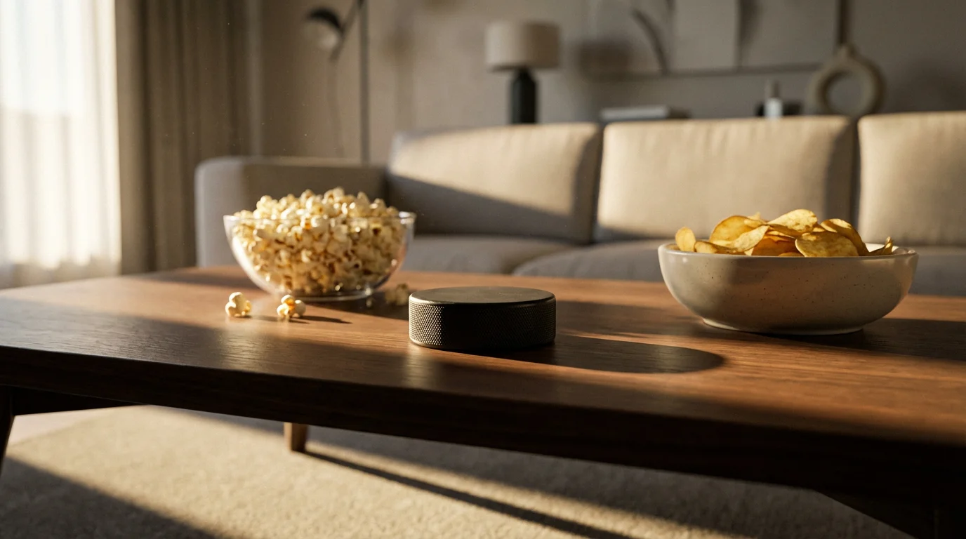 Low angle of a coffee table with game day snacks and a hockey puck.