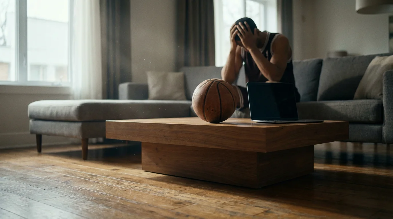 Low angle photo of a basketball and dark laptop screen with a frustrated fan in the background.