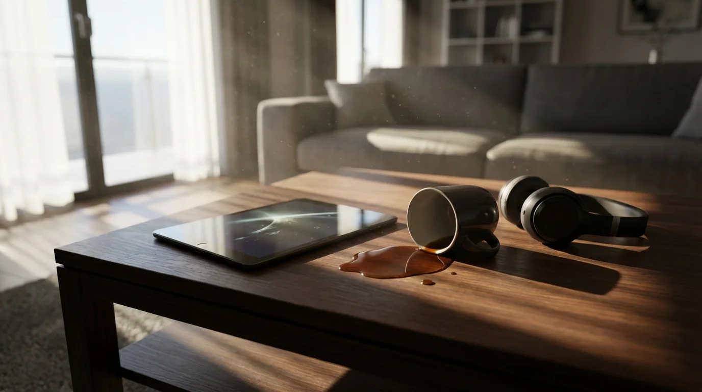 Low angle photo of a spilled coffee mug next to a tablet on a table.